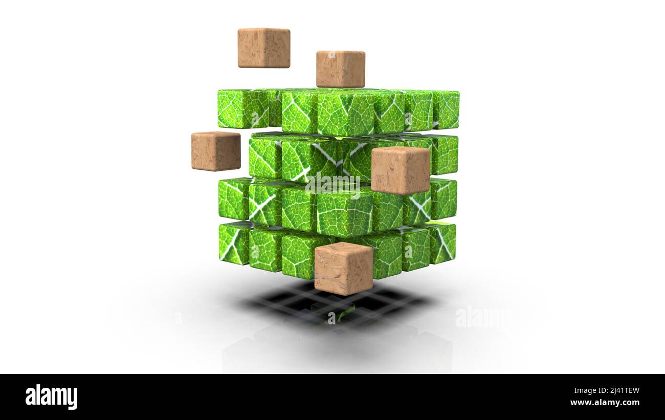 Blocco a foglia verde e cubi spostati fuori con il rendering del pannello OSB 3D Foto Stock