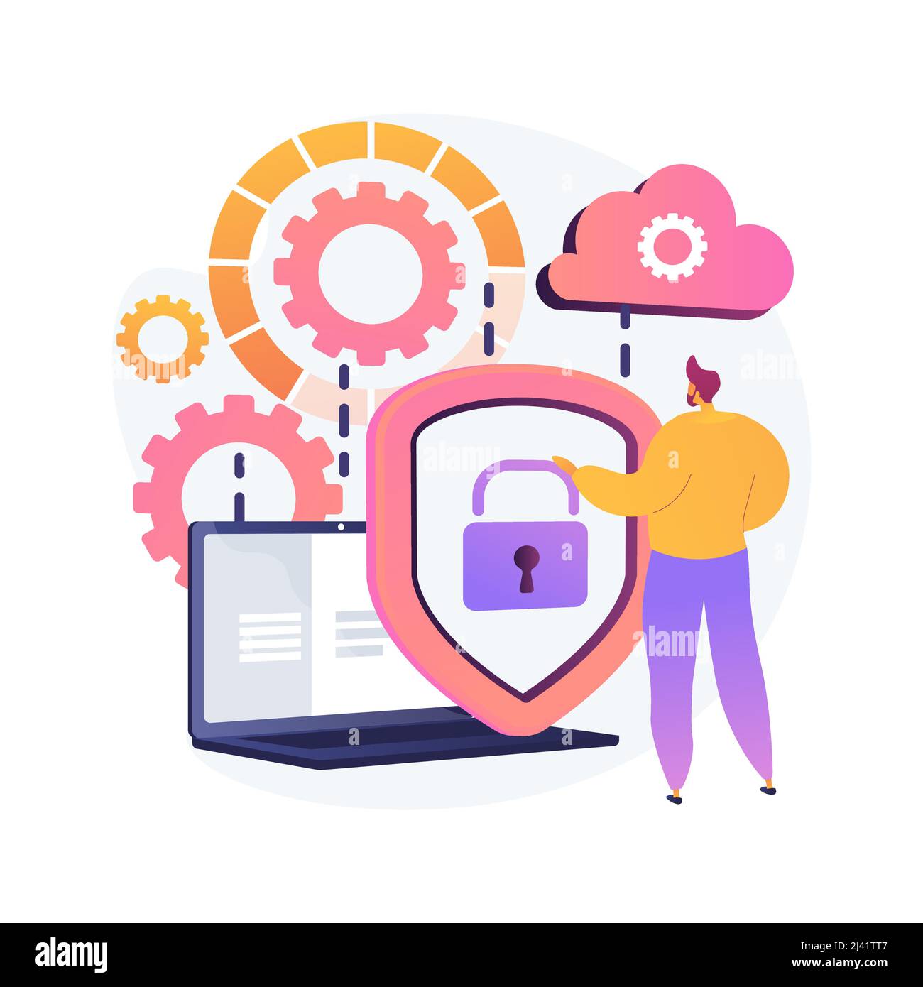 Idea di storage cloud. Informatica online. Database Internet, server di backup. Attrezzatura di programmazione. Accesso limitato, pass di controllo, impostazioni di privacy. Vettore Illustrazione Vettoriale