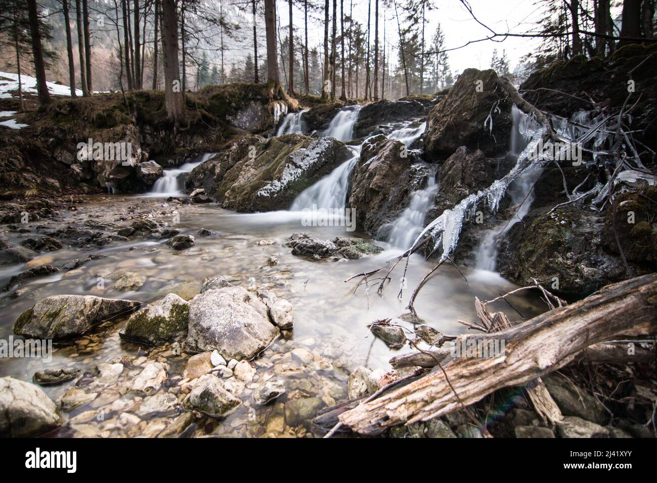 Piccola cascata Inverno Bavarese Alpi Schliersee Germania. Foto di alta qualità Foto Stock
