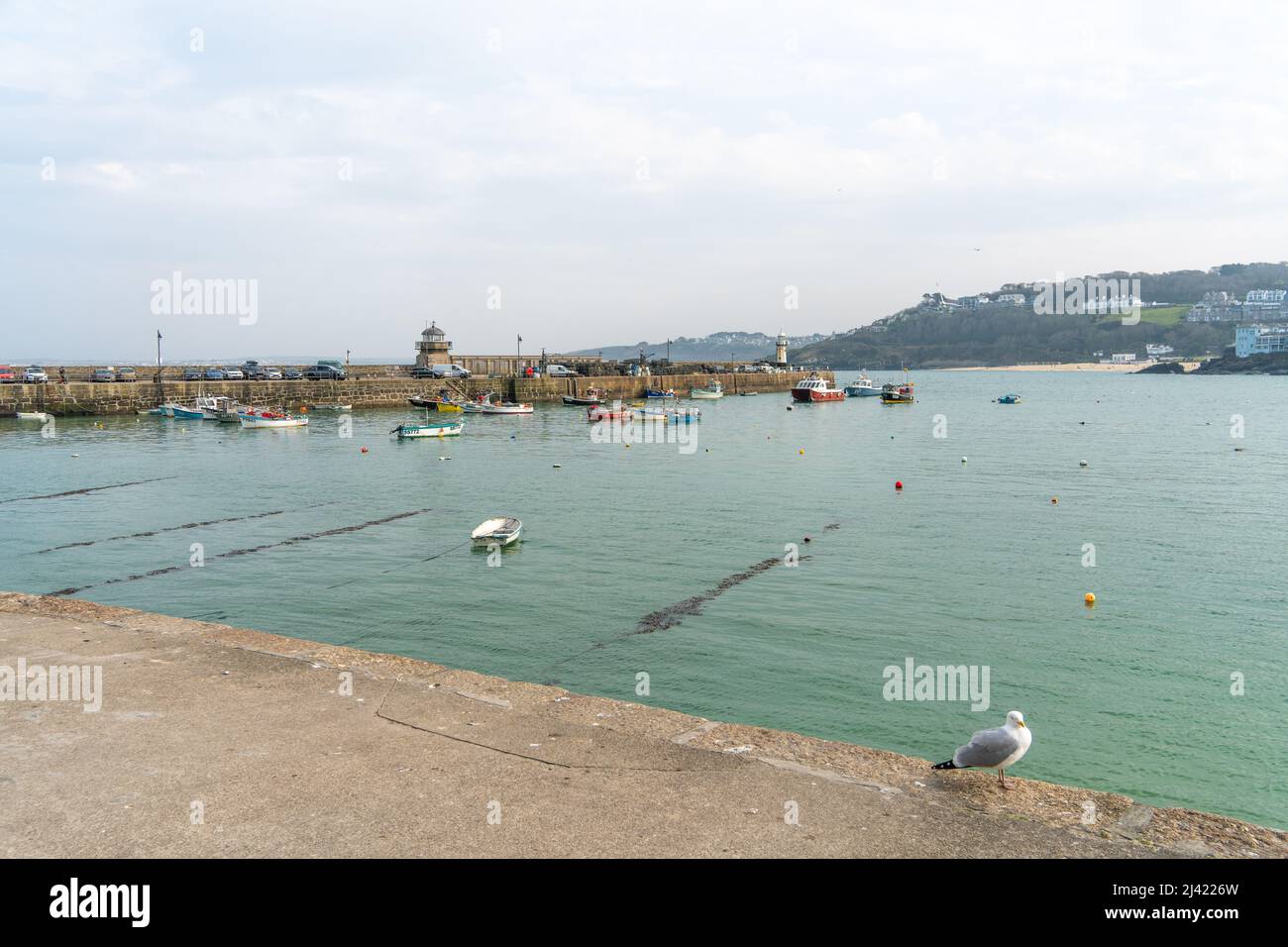 La vista verso il Molo di Smeaton presso il porto di St Ives, Cornovaglia, Regno Unito, una popolare destinazione di viaggio. Foto Stock