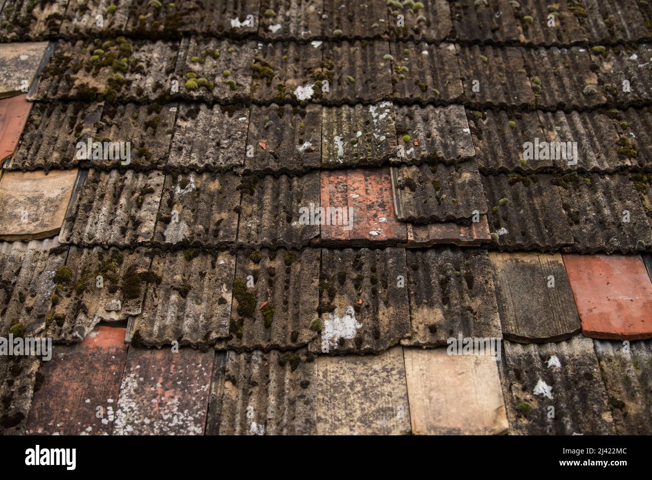 Piastrelle in rovina sulla vecchia casa. Foto Stock