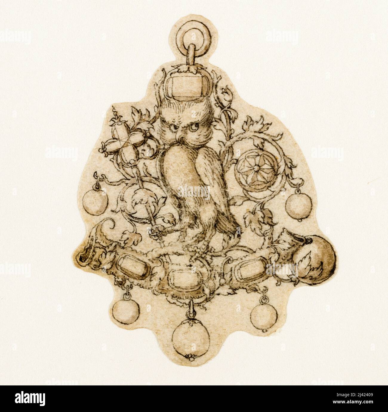Theodor de Bry, disegno per un gioiello pendente, 16th secolo illustrazione 1580-1590 Foto Stock