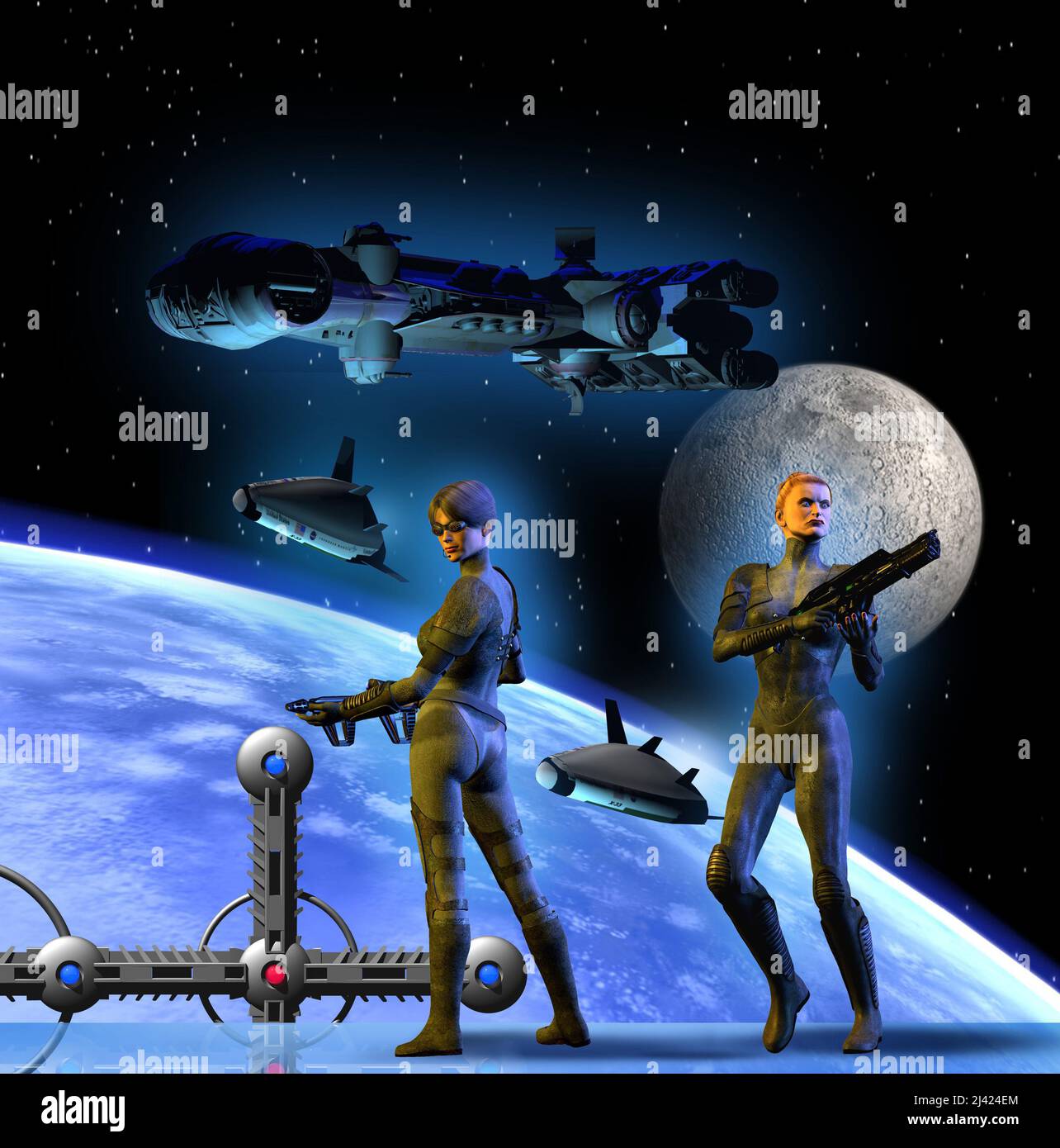 soldati futuristici nello spazio, battaglia intorno alla terra, 3d illustrazione Foto Stock