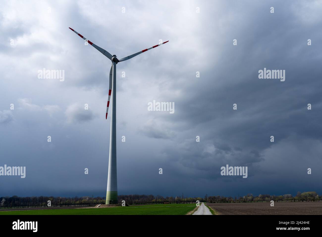 Produzione di energia alternativa ed ecologica nella fattoria eolica Foto Stock