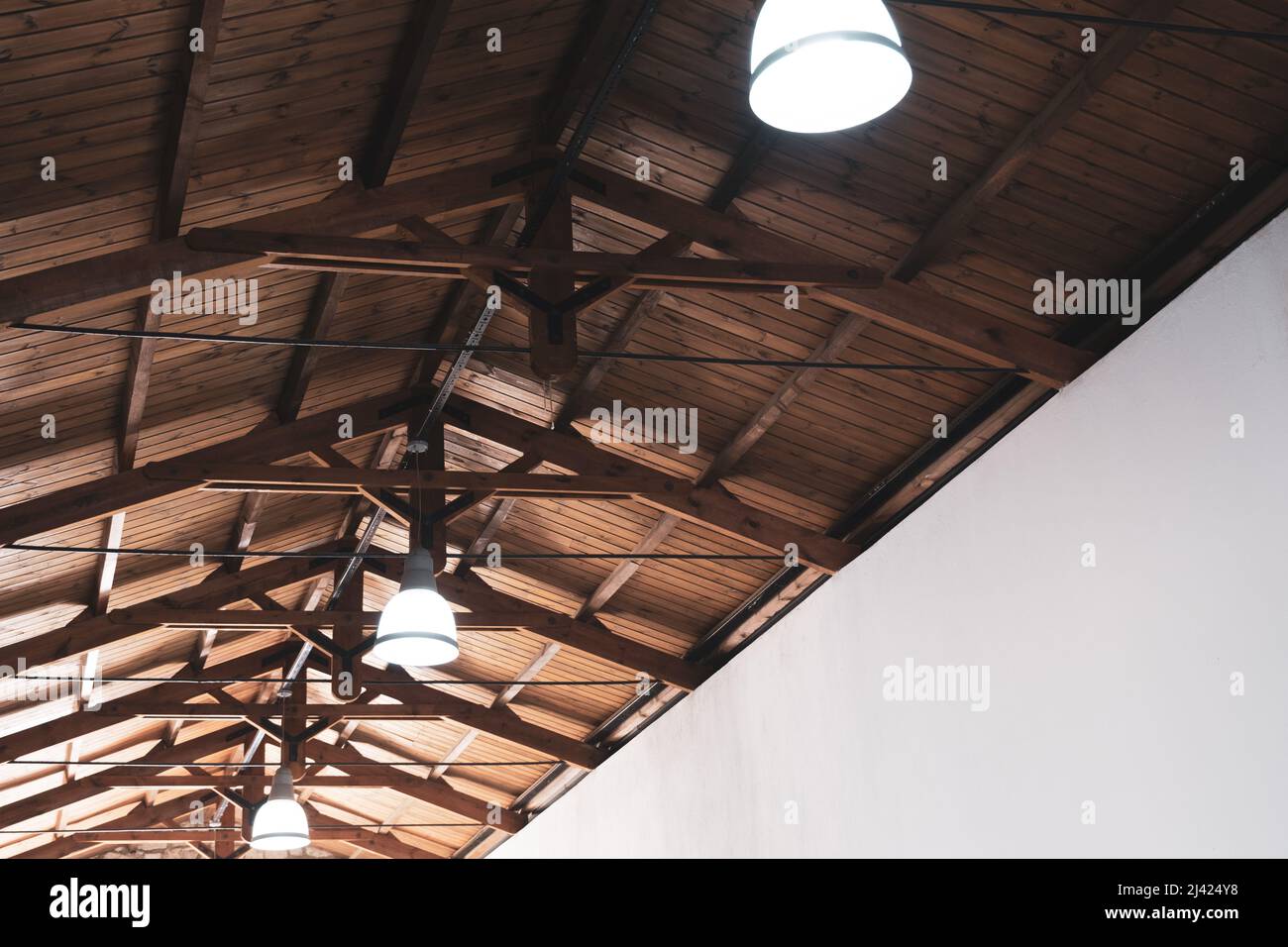 Lampada da soffitto decorazione illuminazione in un antico edificio interno. Lampadine bianche appese in un vecchio garage storico, gar, caffè o negozio. Foto Stock