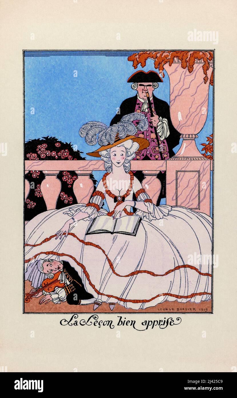 Le Lecon bien apprise. La lezione è stata ben appresa. Stampa dalla rivista la Guirlande des Mois, pubblicata annualmente dal 1917 al 1921. Dopo un lavoro dell'illustratore francese George Barbier, 1882 - 1932. Foto Stock