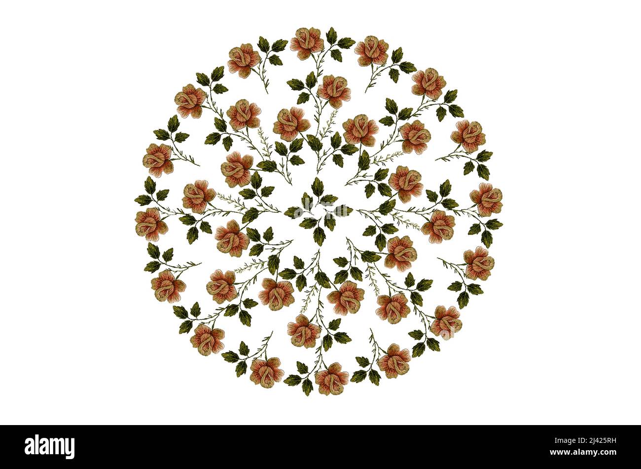 3D Ricamo circolare di delicate rose rosa con germogli e foglie verdi su sfondo bianco Foto Stock