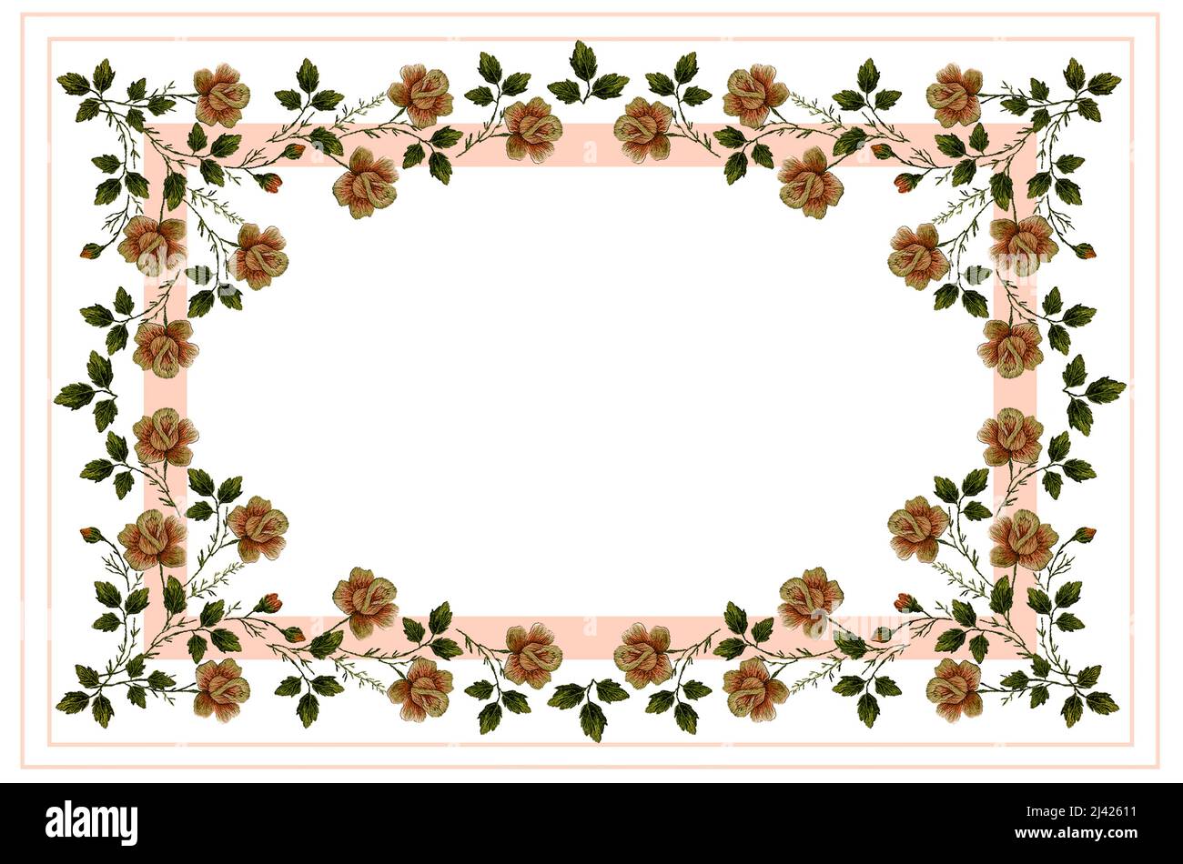 3D modello per ricamo satinato in maglia di tovaglia da mazzi con delicate rose rosa su rami con germogli e foglie verdi su dorso bianco Foto Stock