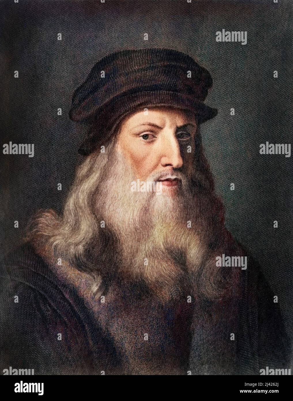 Ritratto di Leonardo da Vinci (Leonard de Vinci, 1452-1519). Gravure. Foto Stock
