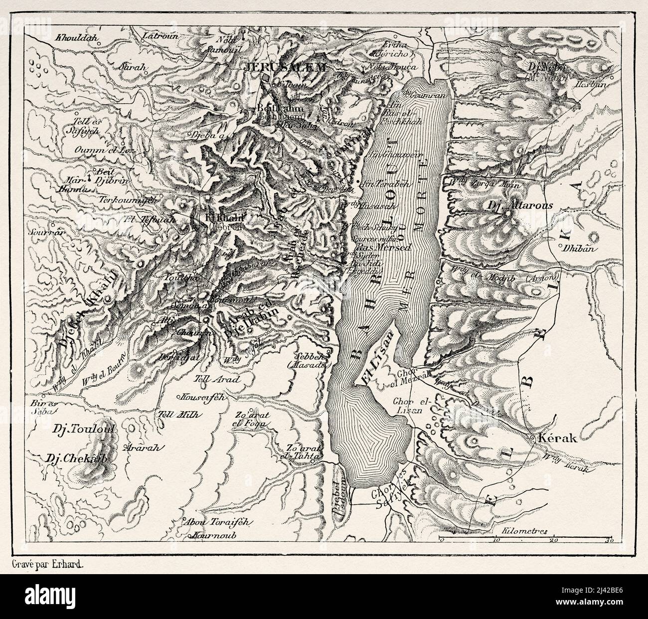 Antica mappa del Mar Morto. Israele, Medio Oriente, Oriente. Siria di Charles Louis Lortet (1836-1909) le Tour du Monde 1882 Foto Stock