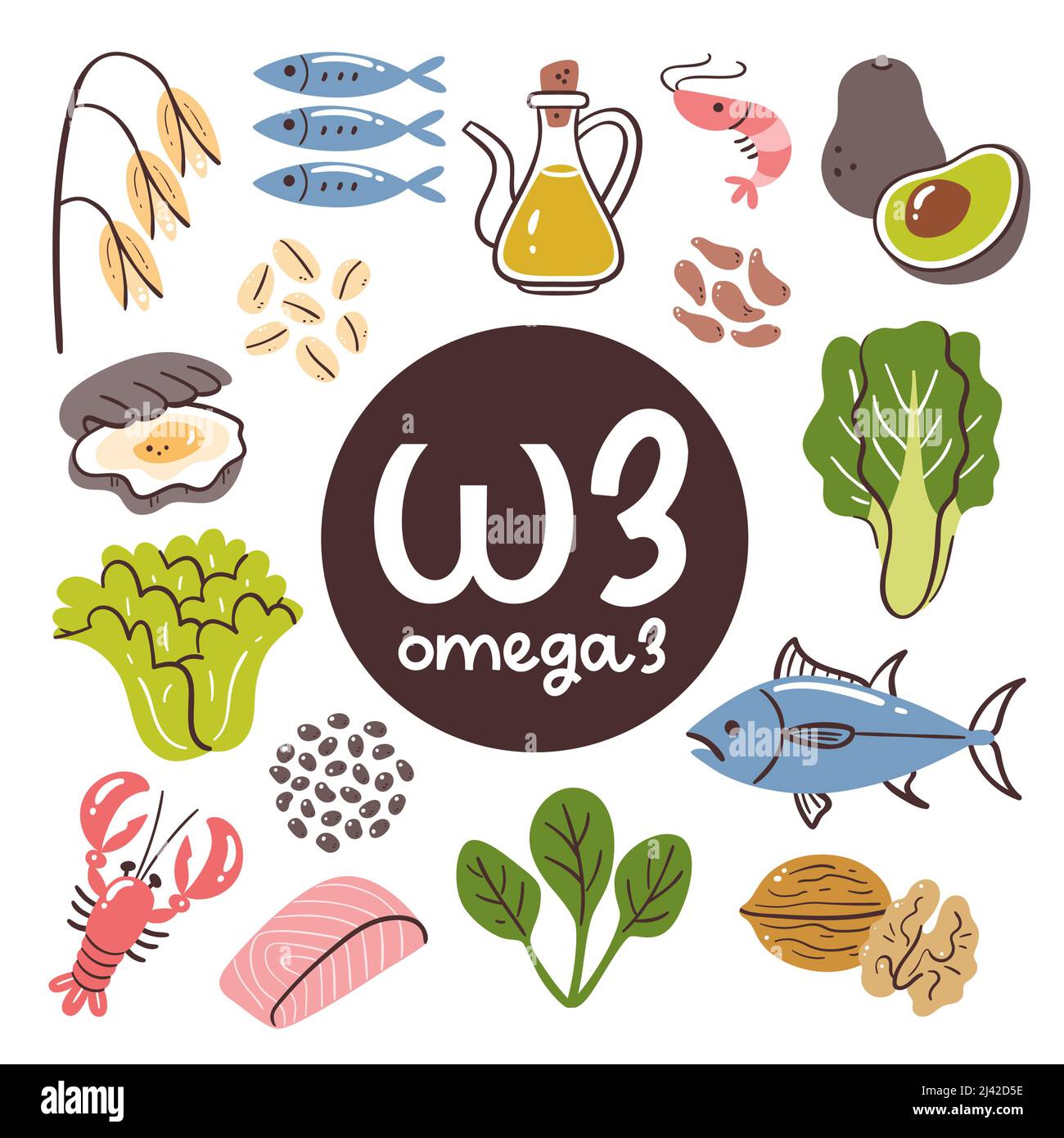 Prodotti alimentari con alto livello di Omega 3. Ingredienti di cottura. Verdure, frutti di mare, olio, cereali, noci. Illustrazione Vettoriale