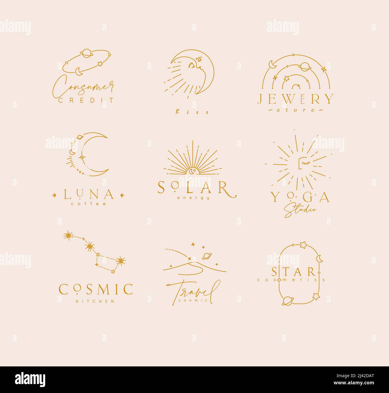 Etichette astrologiche piatte ed eleganti con scritte in stile moderno disegnate con linee marroni su sfondo beige Illustrazione Vettoriale