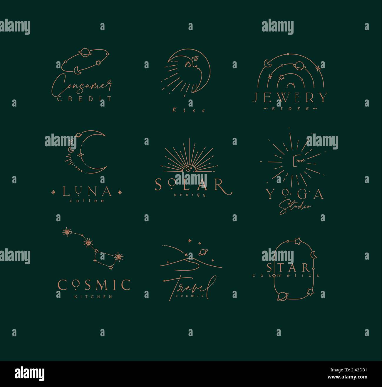 Etichette astrologiche piatte ed eleganti con scritte in linea moderna disegnate con linee marroni su sfondo verde Illustrazione Vettoriale