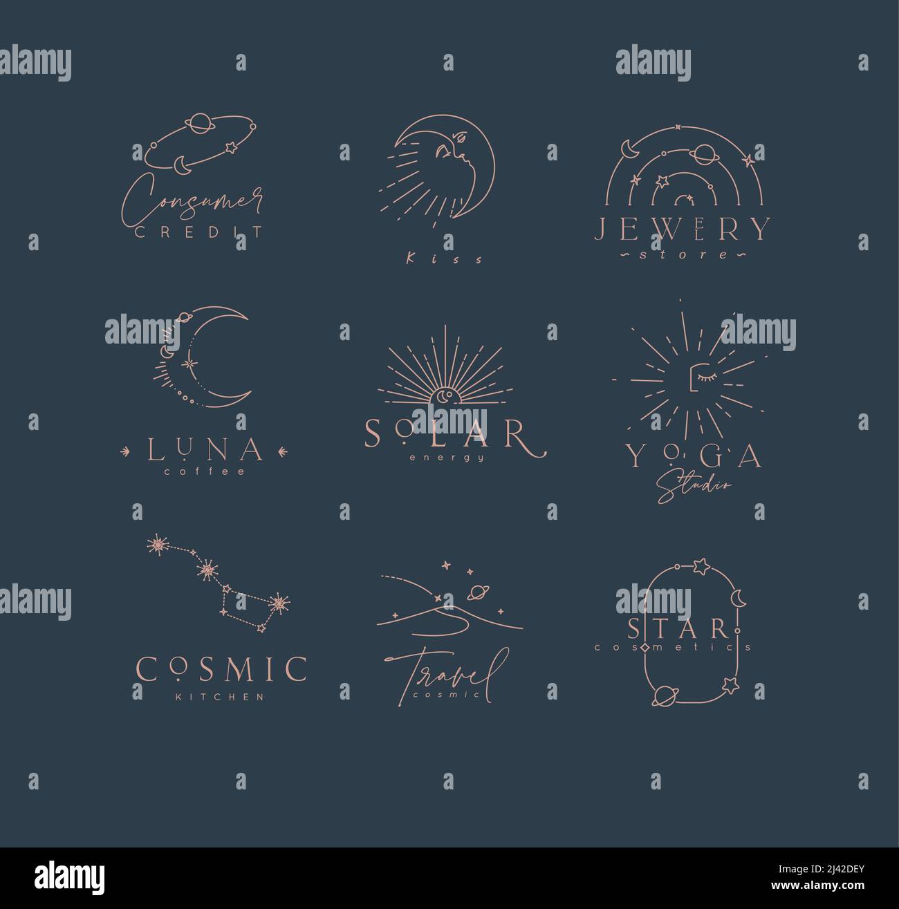 Etichette astrologiche piatte ed eleganti con scritte in linea moderna disegnate con linee marroni su sfondo blu Illustrazione Vettoriale