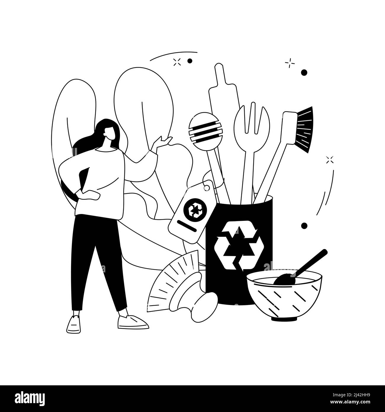 Illustrazione vettoriale astratta dei prodotti in legno senza rifiuti. Prodotti a zero rifiuti, legno riciclato, prodotti in legno senza rifiuti, articoli in bambù, ecocompatibili Illustrazione Vettoriale