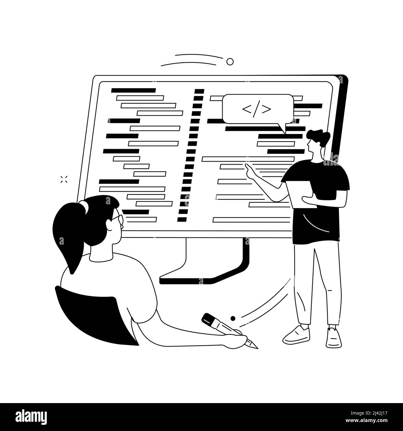 Workshop di codifica concetto astratto illustrazione vettoriale. Workshop di scrittura di codice, corso di programmazione online, corso di sviluppo di app e giochi, informatica l Illustrazione Vettoriale