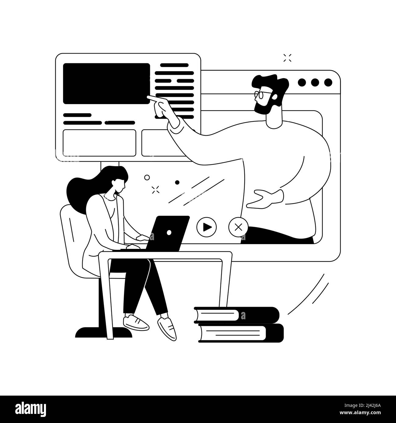 Illustrazione vettoriale del concetto astratto del workshop online. Workshop digitale, corso online, formazione a distanza sul web, videochiamata di gruppo, webcam laptop sc Illustrazione Vettoriale