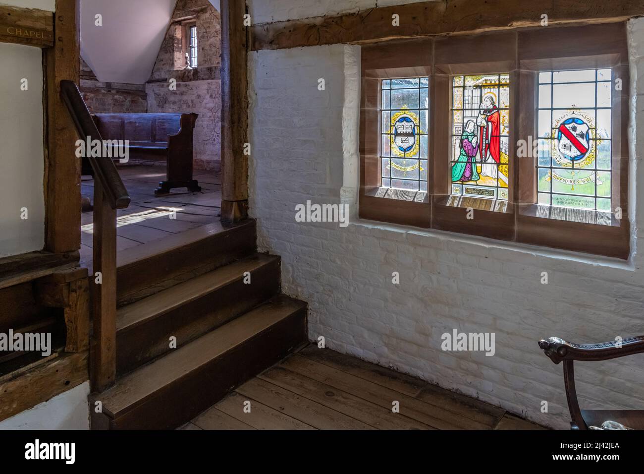 All'interno di Harmington Hall, una casa medievale e elisabettiana del 16th secolo nel Worcestershire, Inghilterra, Regno Unito Foto Stock