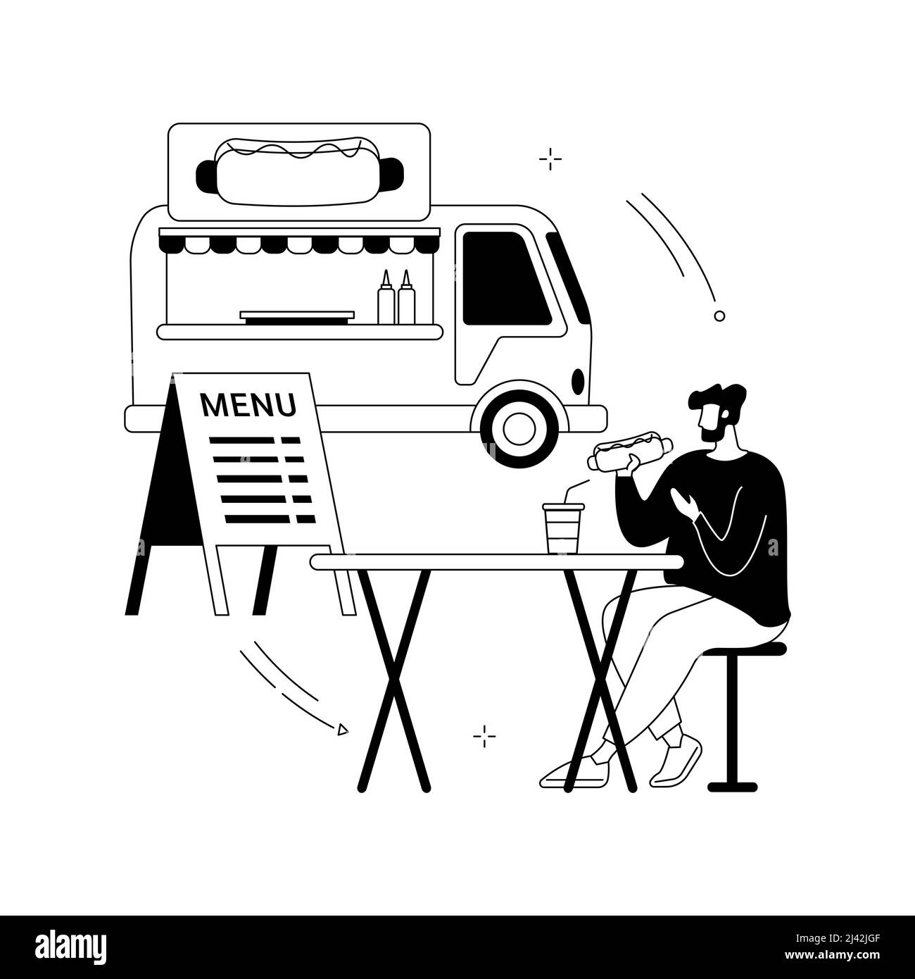 Illustrazione vettoriale del concetto astratto del cibo di strada. City food Truck, luogo pubblico, mercato e fiera, spuntino veloce, provare nuovo gusto, guida di viaggio, originale r Illustrazione Vettoriale