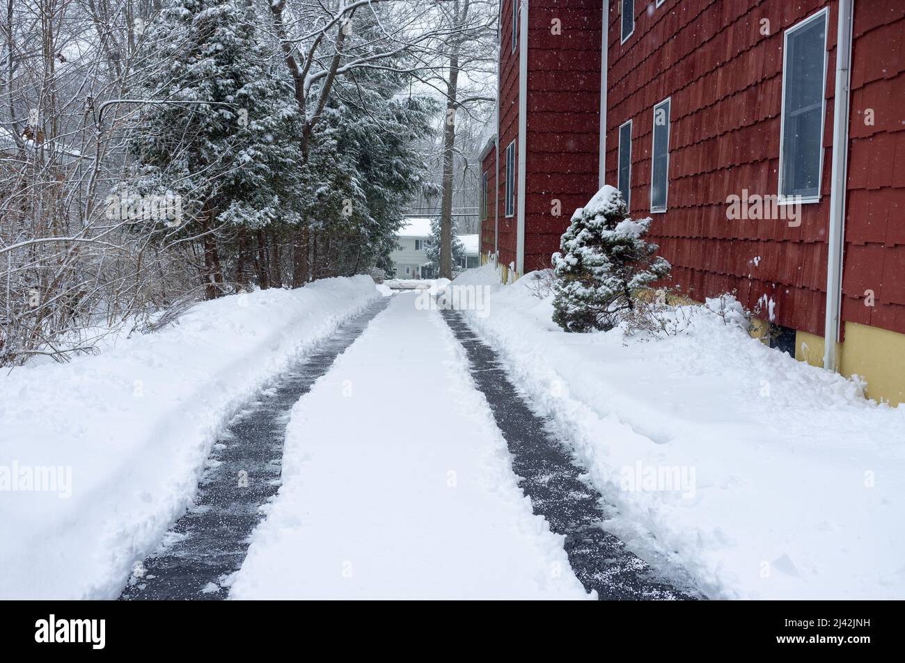 il vialetto coperto di neve durante la tempesta di neve pulisce con le piste dell'automobile Foto Stock