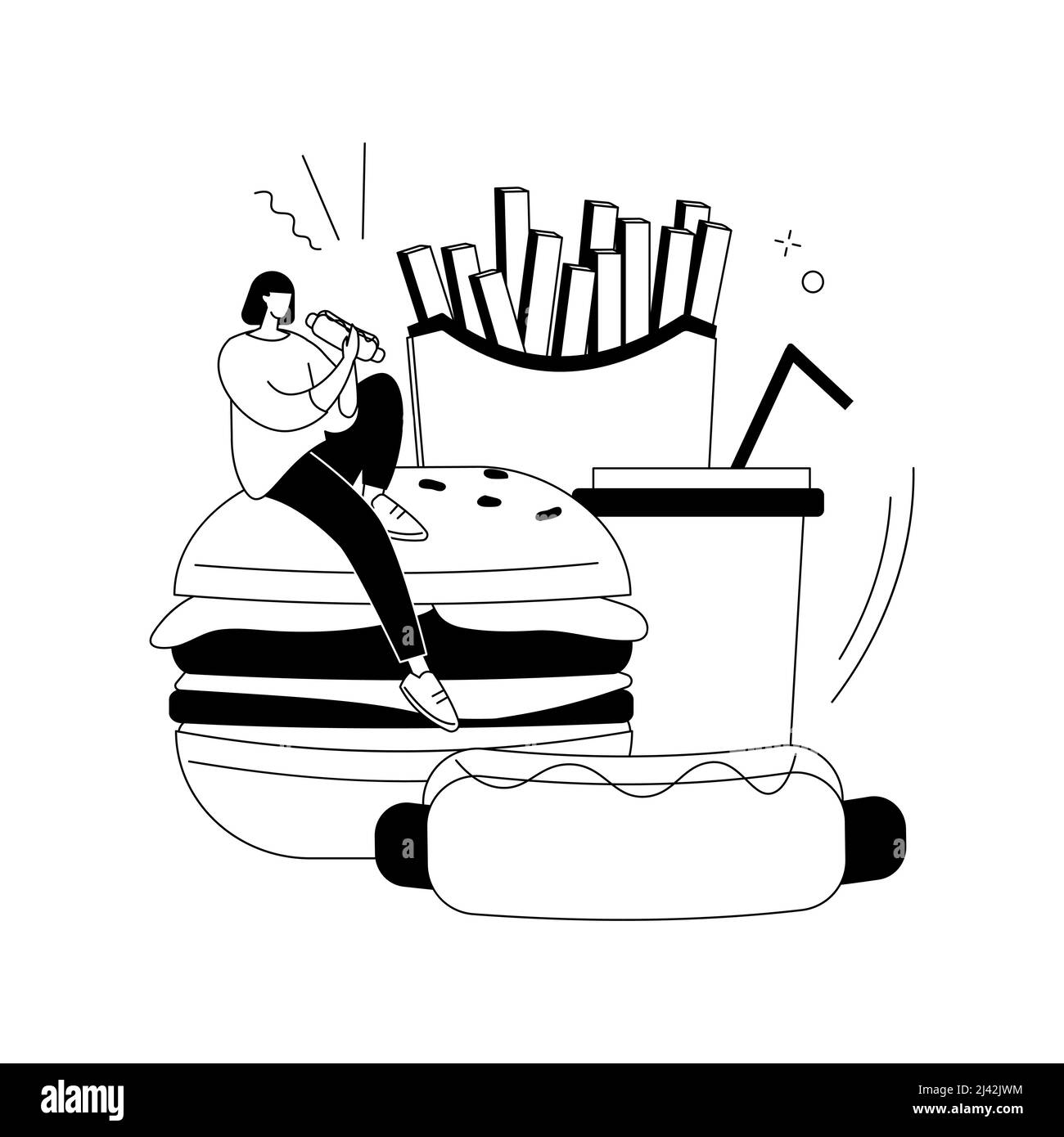 Fast food astratto concetto di illustrazione vettoriale. Cucina americana, catena di ristoranti, menu snack, takeout mangiare, Street food festival, cottura veloce re Illustrazione Vettoriale