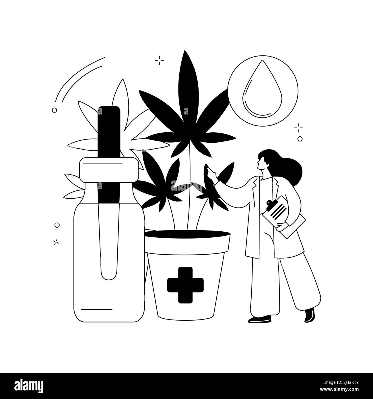 Illustrazione del vettore del concetto astratto dell'olio di semi di canapa. CBD uso di petrolio, farmacia di pianta di cannabis sativa, acido grasso, salute umana, dolore e infiammazione relie Illustrazione Vettoriale