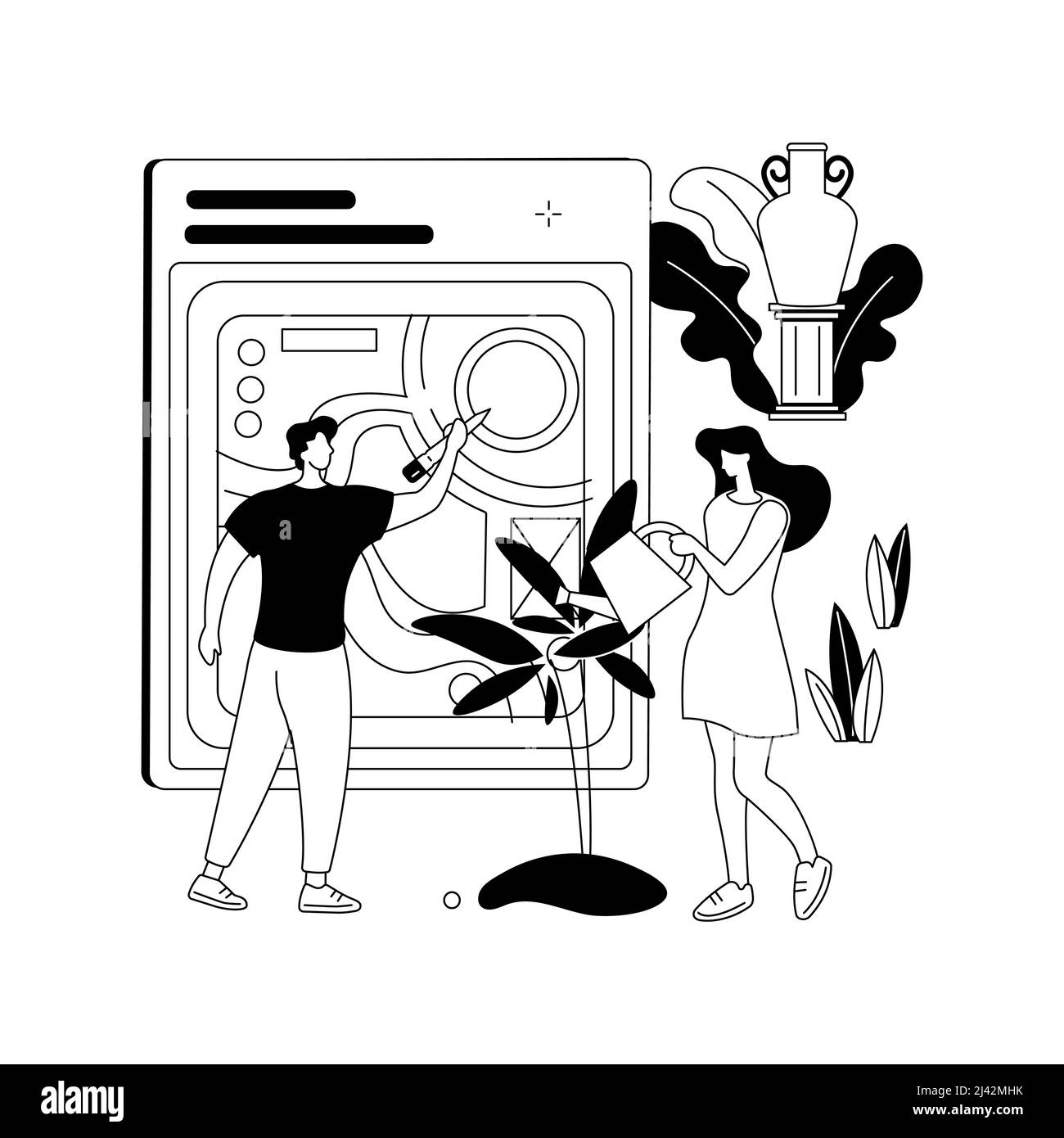 Disegno paesaggio concetto astratto illustrazione vettoriale. Regole e consigli per la pianificazione del paesaggio, servizi di giardinaggio, architettura front e backyard, ide fai da te Illustrazione Vettoriale