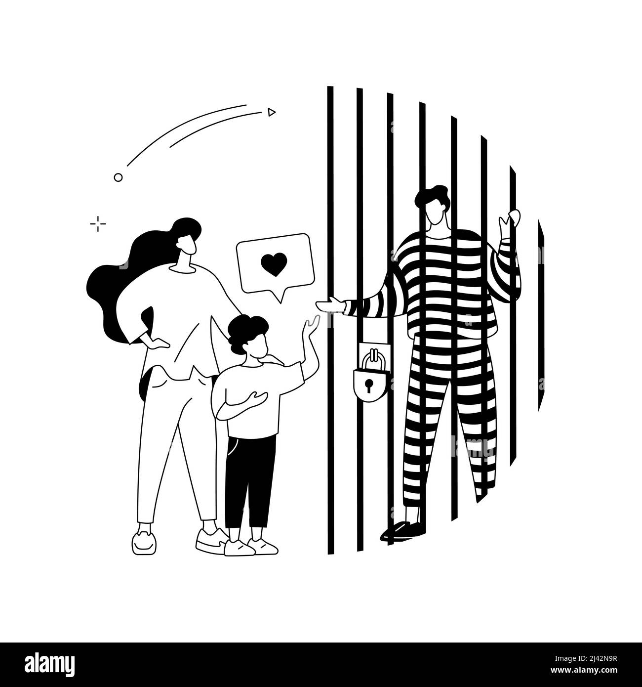Dads in prigione concetto astratto illustrazione vettoriale. Padri in carcere, instabilità familiare, papà incarcerato, mano in prigione, costumi a righe, in tribunale Illustrazione Vettoriale