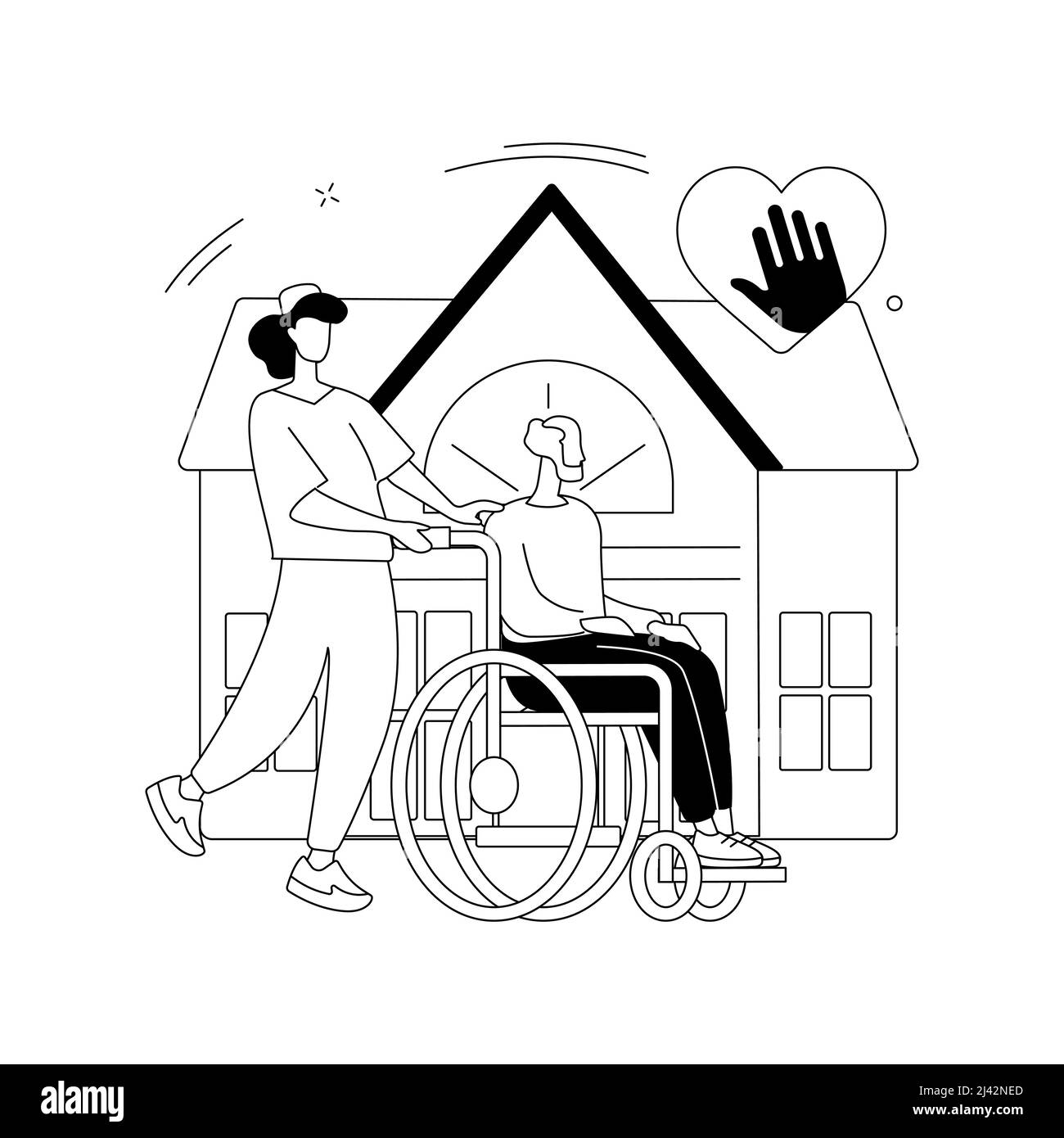 Cura dell'illustrazione vettoriale del concetto astratto disabilitato. Assistenza per disabili, sindrome di Down, anziano su sedia a rotelle, aiuto per anziani, ho professionale Illustrazione Vettoriale
