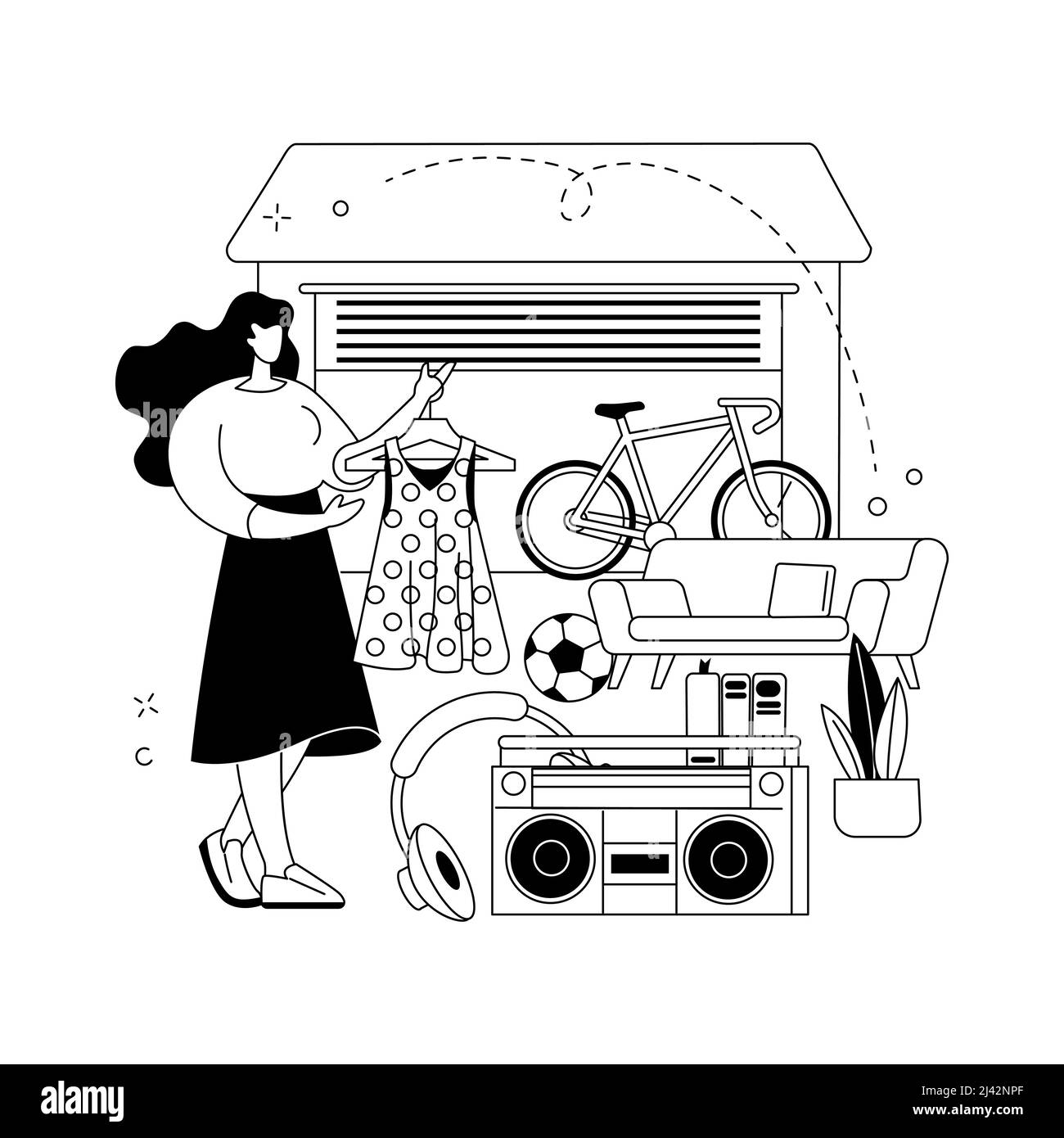 Garage vendita concetto astratto illustrazione vettoriale. Mercato delle pulci, beni di seconda mano, garage giorno di vendita, vintage abbigliamento dare via, usato inventario, cantiere Illustrazione Vettoriale