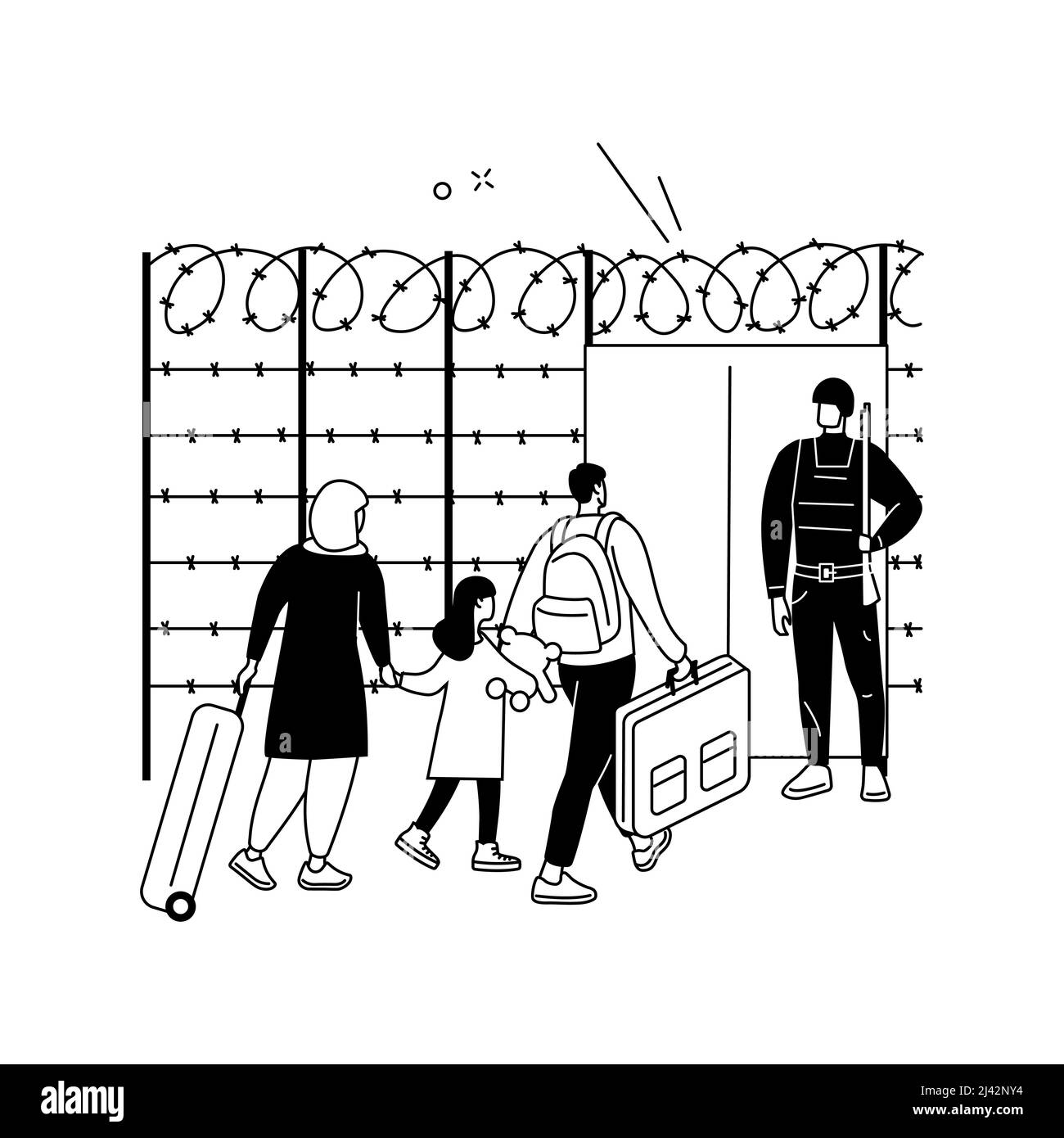 Illustrazione vettoriale del concetto astratto della migrazione di frontiera. Servizi di migrazione frontaliera, trasferimento all'estero, controllo della pattuglia di frontiera, rifugiato legale illegale, app Illustrazione Vettoriale