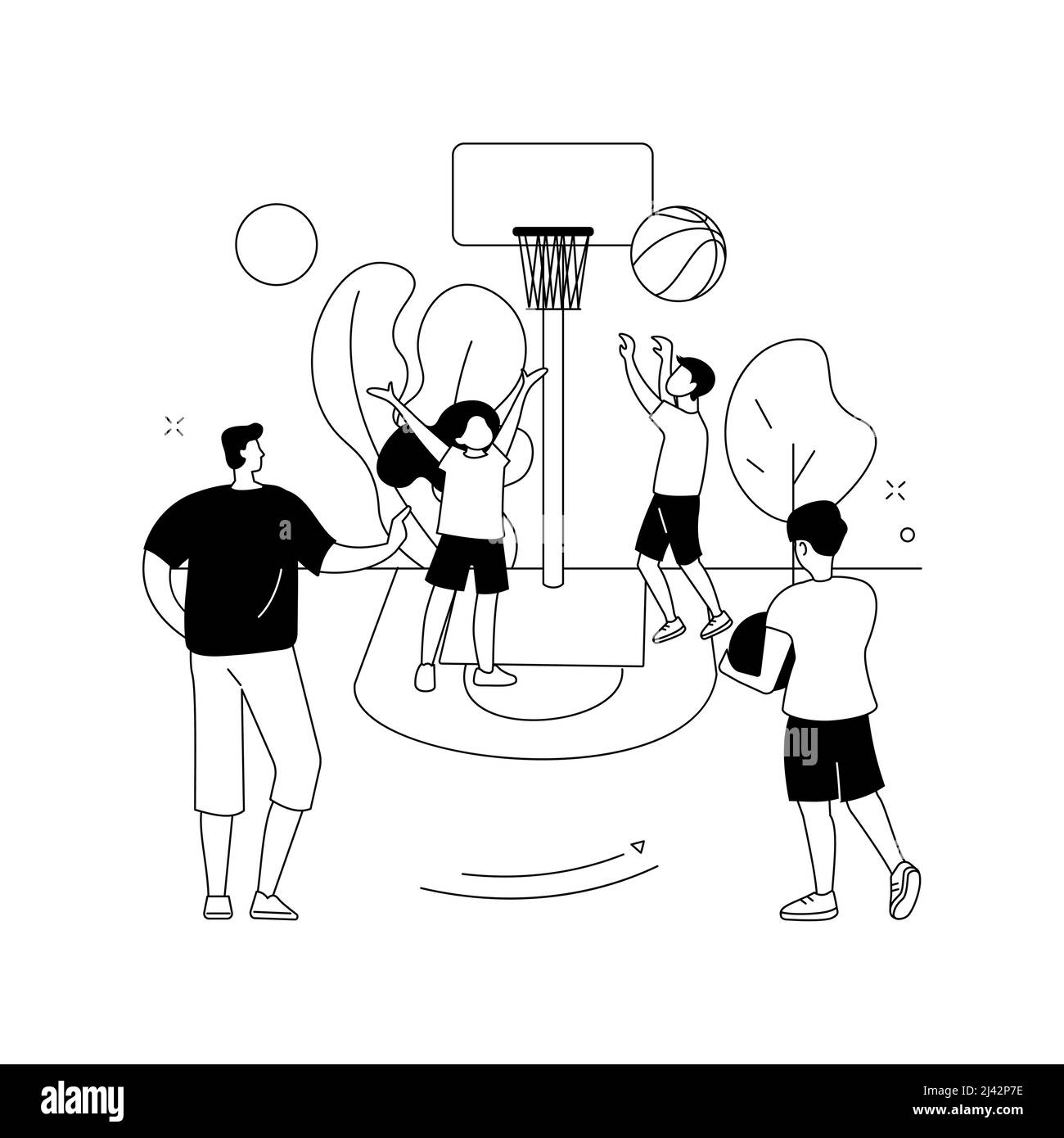 Illustrazione vettoriale del concetto astratto del campo di pallacanestro. Allenamento di basket, programma sportivo per bambini, vacanze estive giovanili, Accademia sportiva per bambini, attività Illustrazione Vettoriale