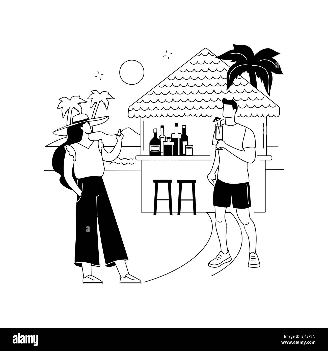 Beach bar concetto astratto illustrazione vettoriale. Servizio Beach club, ricetta tropicale cocktail, open bar, ristorante sulla costa del mare, cibo e bevande, sano Illustrazione Vettoriale