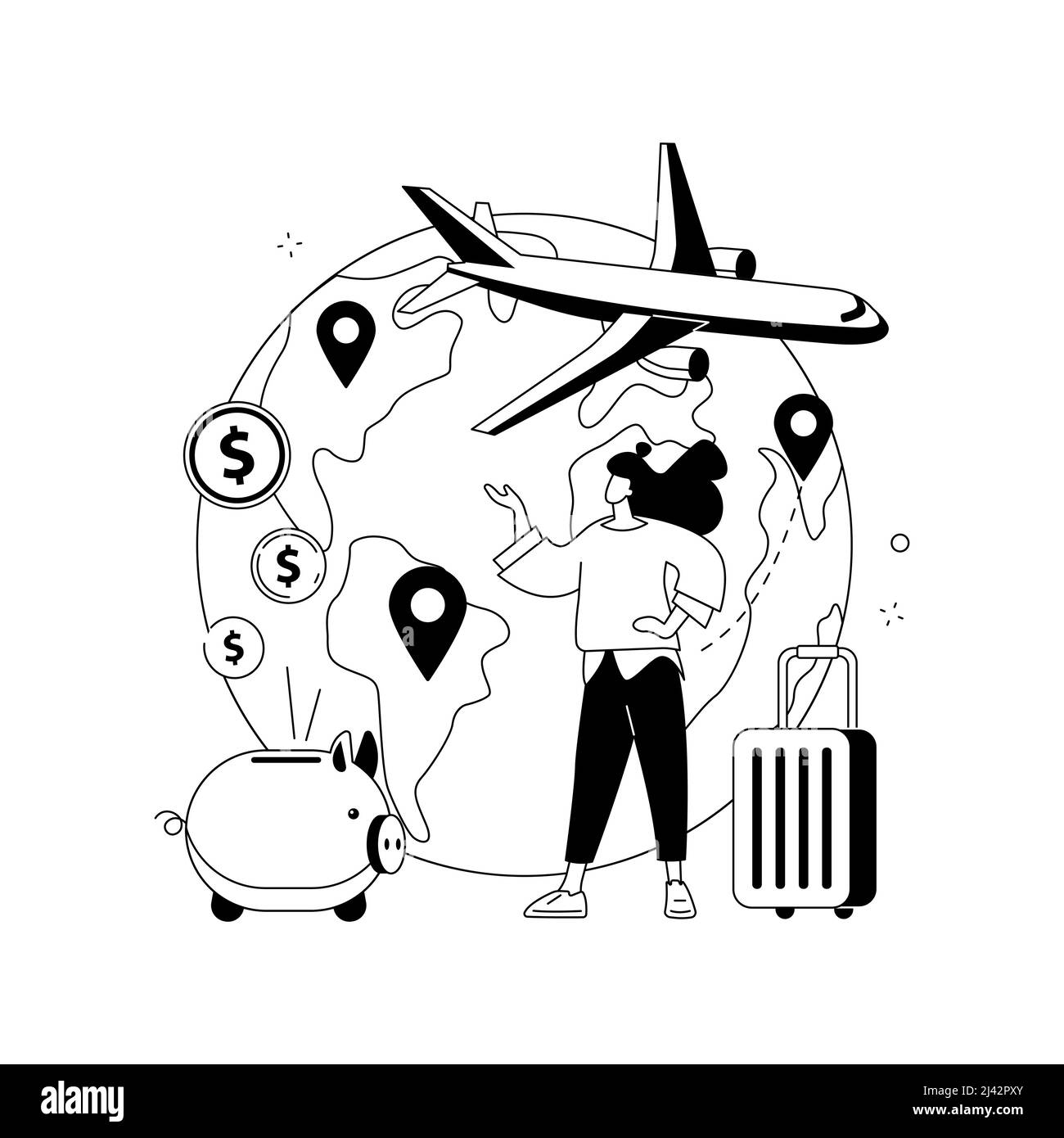 Illustrazione vettoriale del concetto astratto dei voli low cost. Biglietti economici, vendita flash aereo, pianificazione delle vacanze, orari aeroporto, acquistare biglietto online, dom Illustrazione Vettoriale