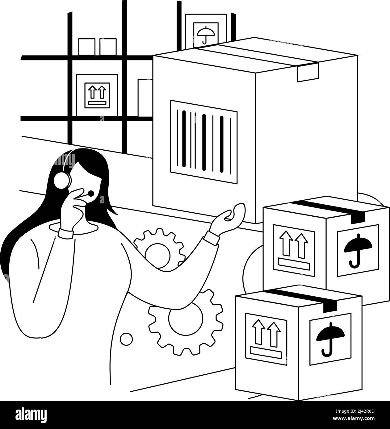 Illustrazione vettoriale del concetto astratto di warehouse voice tasking. Selezione vocale, immagazzinamento basato sulla voce, sistema a mani libere e senza occhi, autom accurato Illustrazione Vettoriale