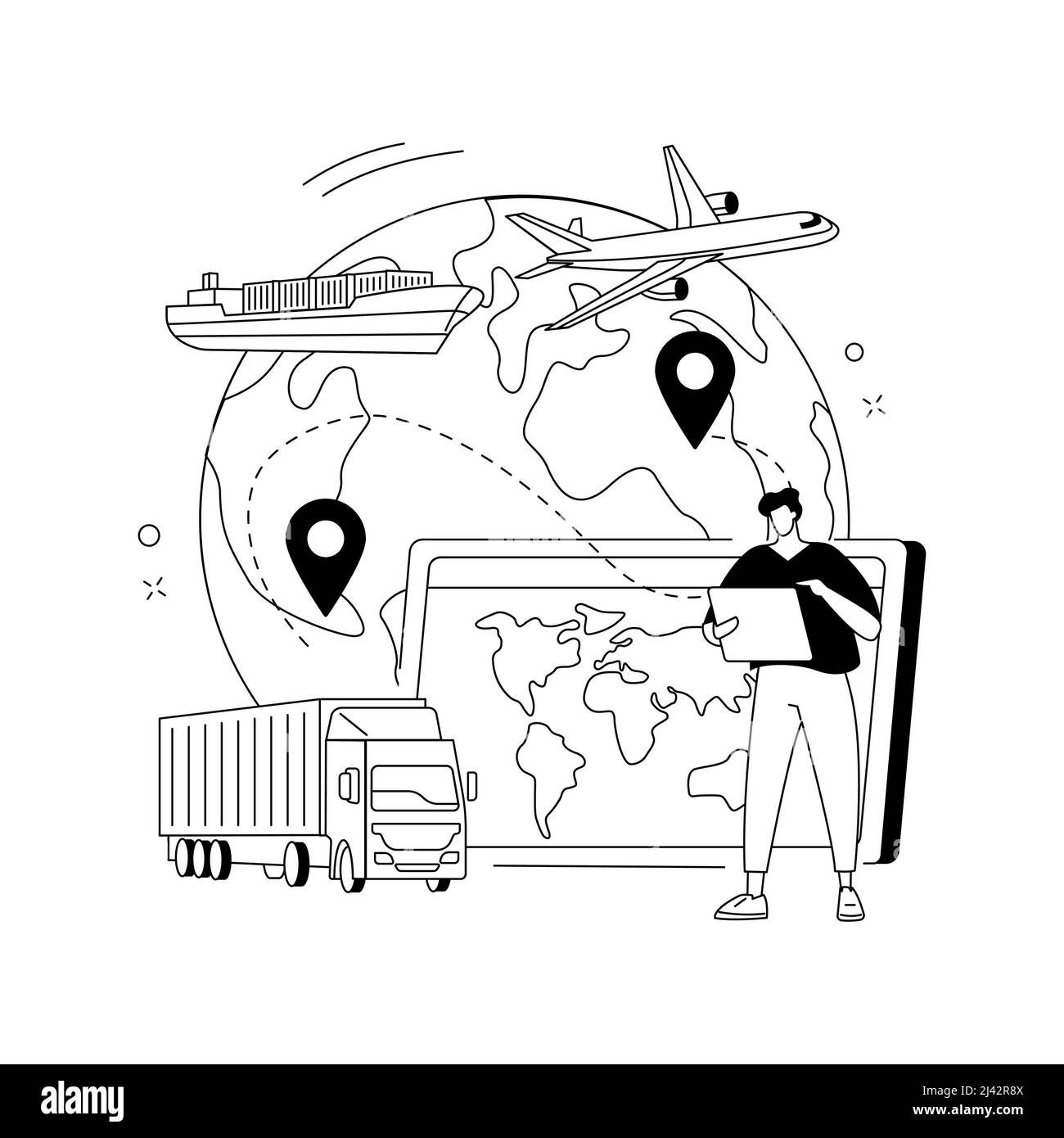 Illustrazione vettoriale del concetto astratto del sistema di trasporto globale. Logistica mondiale, servizio di consegna internazionale, software globale di tracciamento del trasporto Illustrazione Vettoriale