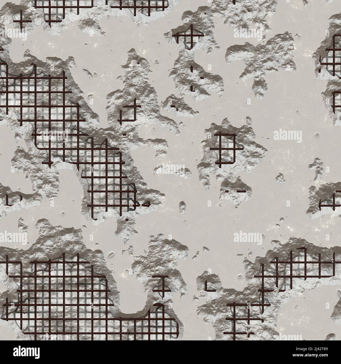 Consistenza di calcestruzzo danneggiato con barre tostate visibili. Alta qualità, 3D generato senza cuciture, calcestruzzo grigio Foto Stock