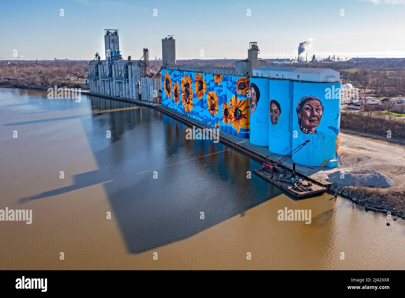 Toledo, Ohio - la parete del fiume della città di vetro, un murale di girasole da Gabe Gault, dipinto sui silos di grano di ADM sul fiume Maumee. Foto Stock