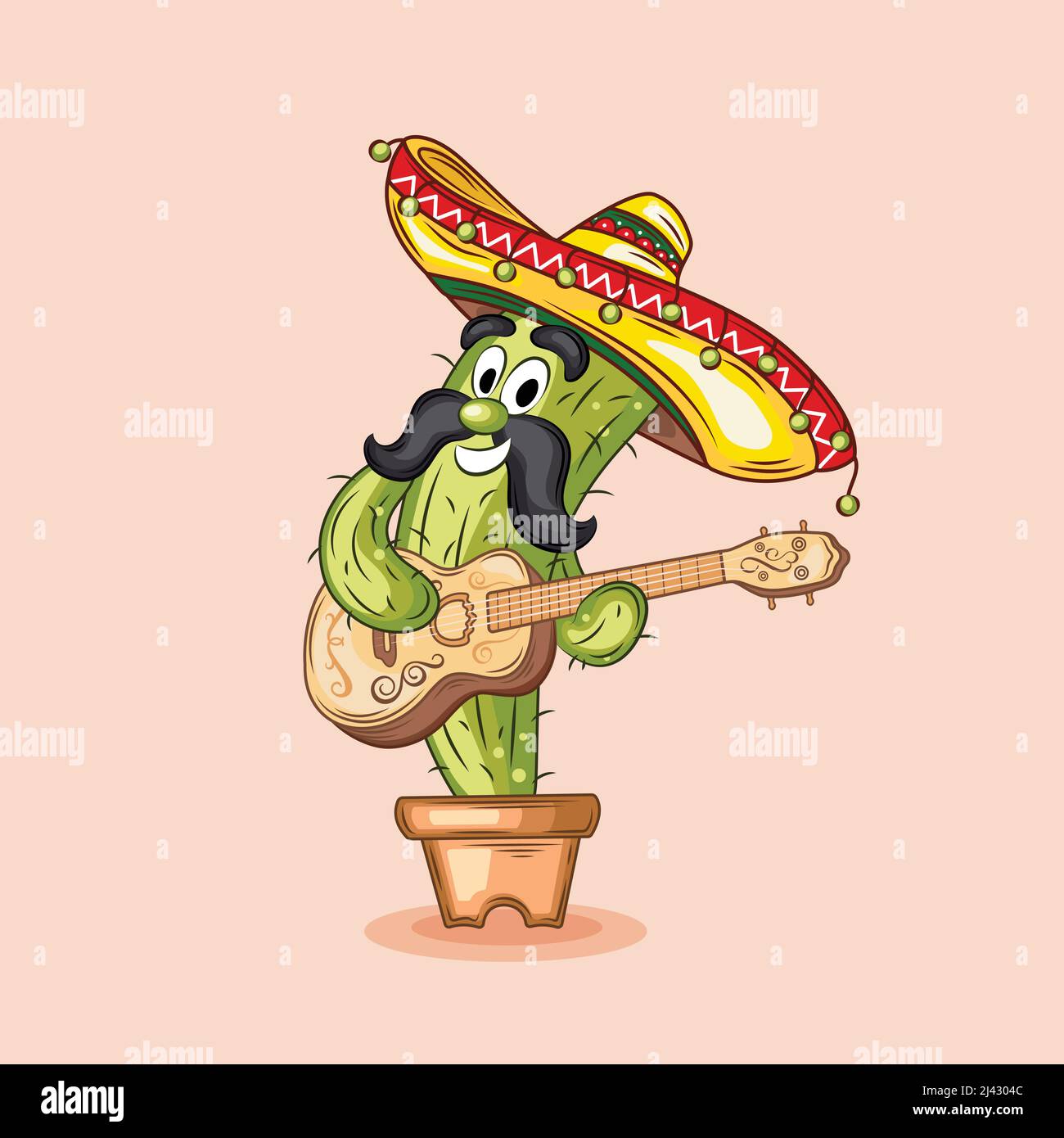 Concetto Cinco de Mayo. Il cactus carino con baffi e sombrero tiene la chitarra in mano. Il carattere della pianta suona lo strumento musicale. Biglietto di auguri per Illustrazione Vettoriale