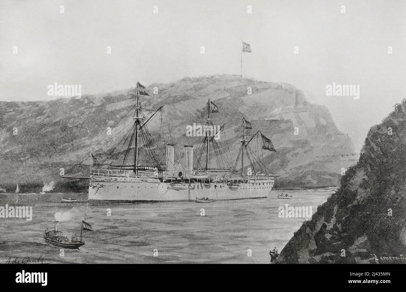 Guerra spagnolo-americana. Guerra tra Spagna e Stati Uniti nel 1898, a seguito dell'intervento degli Stati Uniti nella guerra d'indipendenza cubana. Cuba. Cruiser spagnolo classe 1st 'Reina Mercedes' (1892), con scafo in ferro, convertito in una batteria galleggiante per difendere l'ingresso del porto di Santiago de Cuba. Illustrazione di A. de Caula. Fotoincisione di Laporta. La Ilustración Española y americana, 1898. Foto Stock