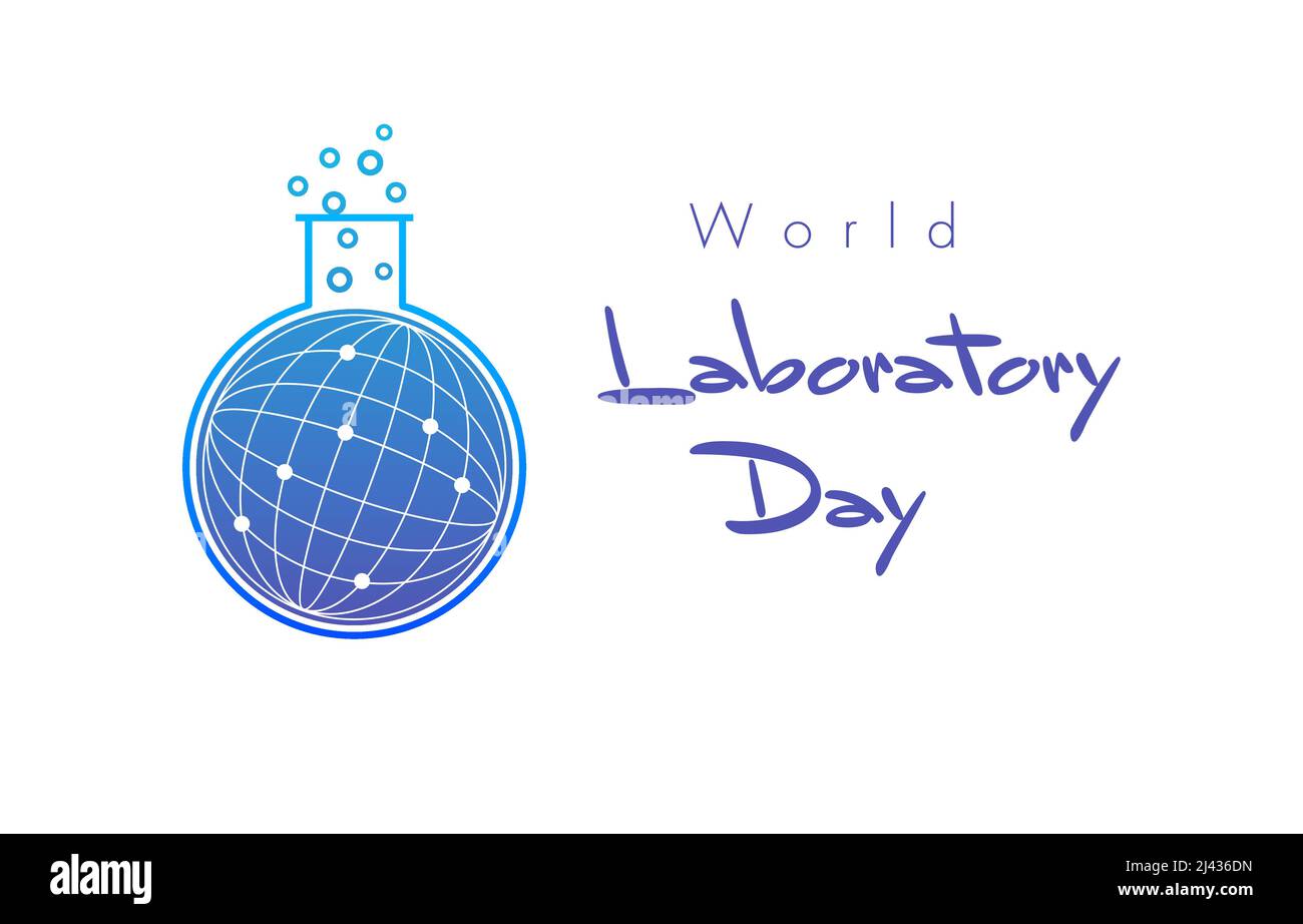 La Giornata Mondiale del laboratorio si celebra. Giornata Internazionale del laboratorio Aprile 23 24. Matraccio medico con globo interno, logo creativo. Estratto isolato g Illustrazione Vettoriale