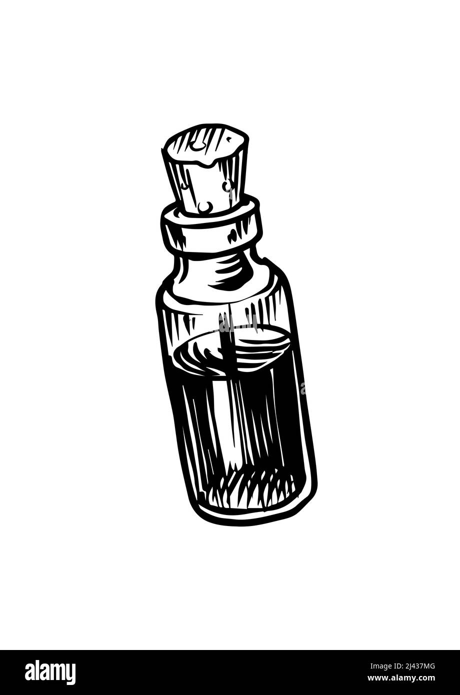 Bottiglie con pozione. Nostrum o arcanum. Disegno di incisione vintage. Profilo di Doodle. Disegno a mano. Illustrazione Vettoriale