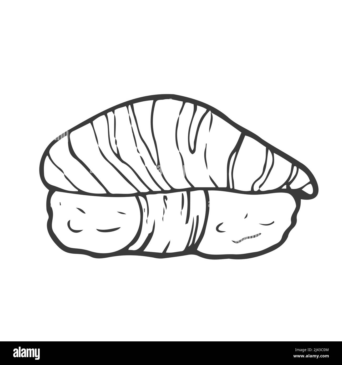 Panini con sushi freschi e deliziosi in stile doodle. Illustrazione vettoriale in bianco e nero Illustrazione Vettoriale