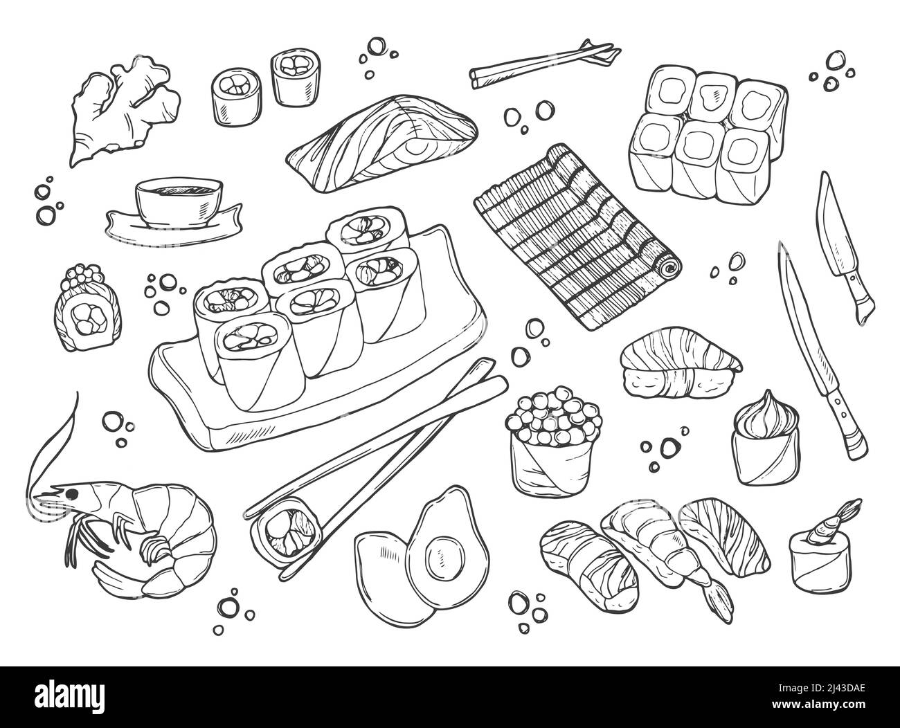 Sushi e panini in stile Doodle. Piatti della cucina tradizionale giapponese - nigiri, temaki, tamago, sashimi Illustrazione Vettoriale