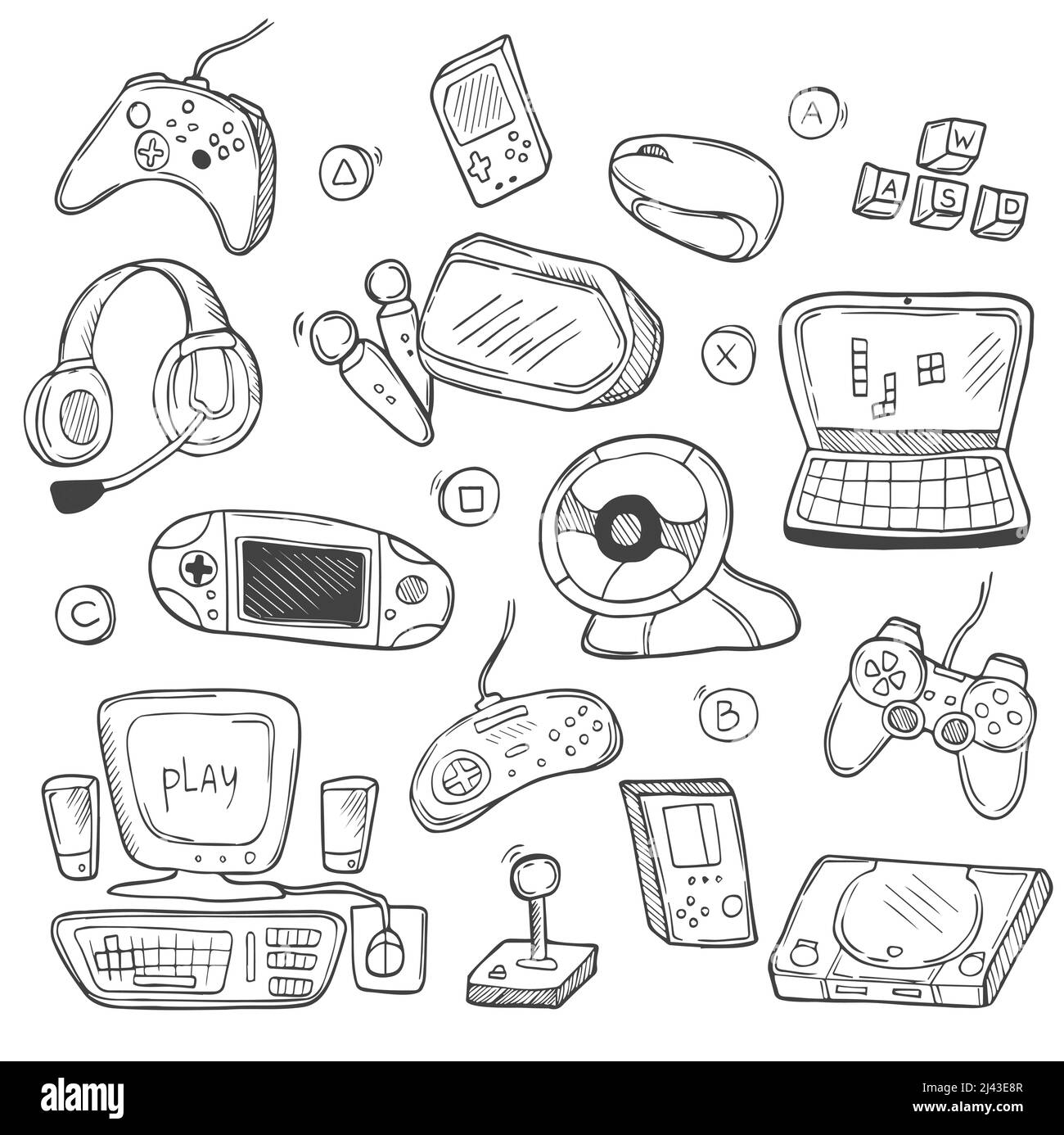 Video Giochi computer giocatore Doodle icone schizzo. Vettore disegno a mano. Isolato su bianco Illustrazione Vettoriale