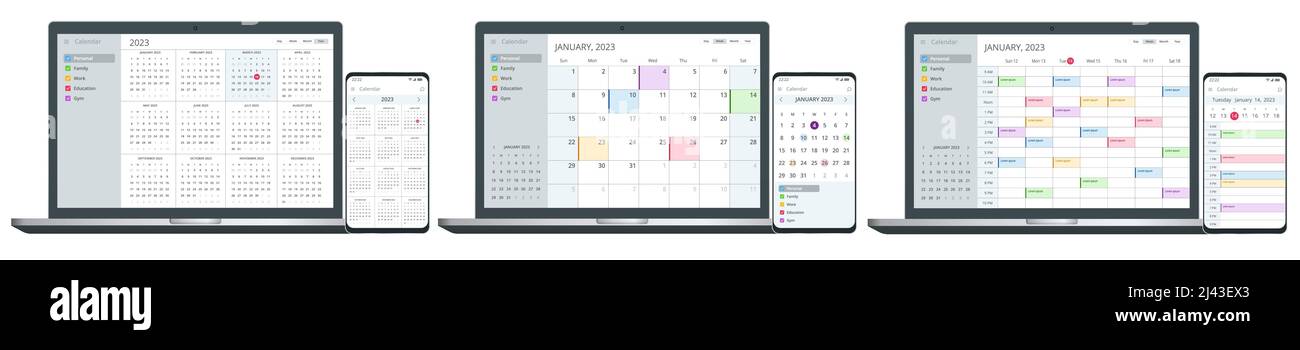 Gestione dell'organizzazione di Calendar Planner. Appuntamento evento calendario elettronico digitale sullo schermo Illustrazione Vettoriale
