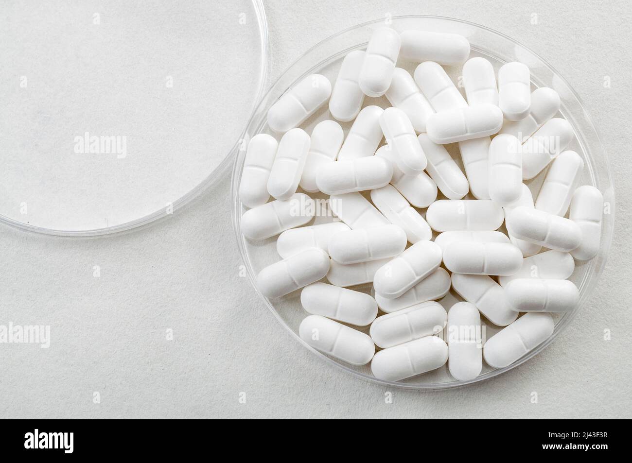 Laboratorio di farmacia e concetto di ricerca farmaceutica con pillole mediche bianche in un piatto Petri isolato su bianco con spazio copia Foto Stock