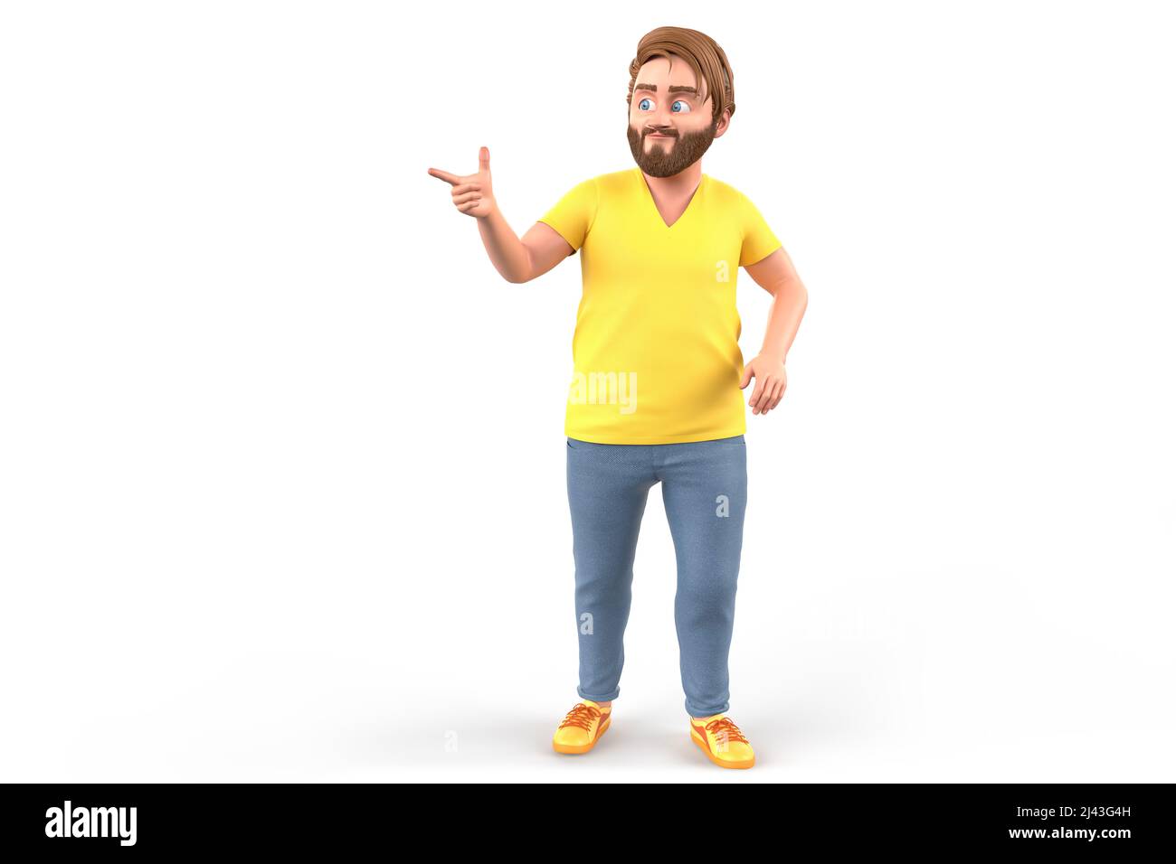 Uomo allegro che punta da parte a spazio vuoto. 3D illustrazione Foto Stock