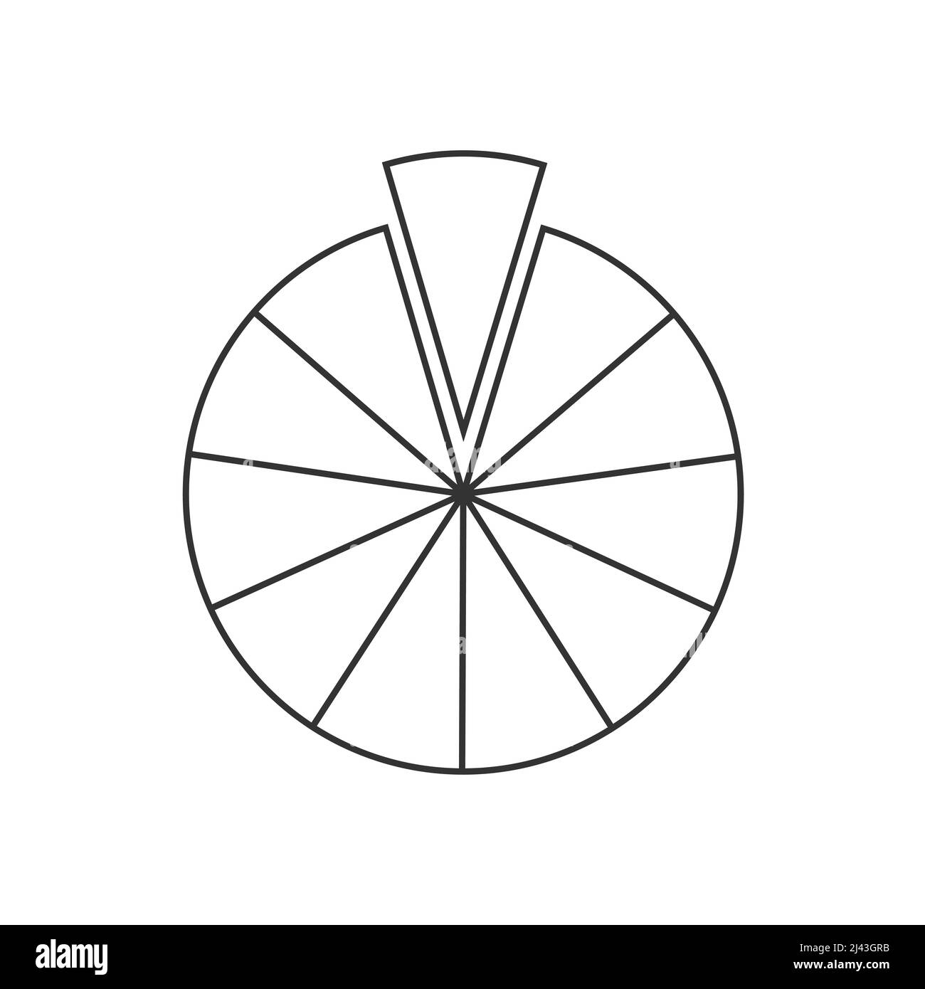 Cerchio segmentato in 11 frazioni. Forma della pizza o della torta tagliata in undici fette uguali nello stile del contorno. Esempio di grafico statistico rotondo isolato su sfondo bianco. Illustrazione lineare vettoriale Illustrazione Vettoriale