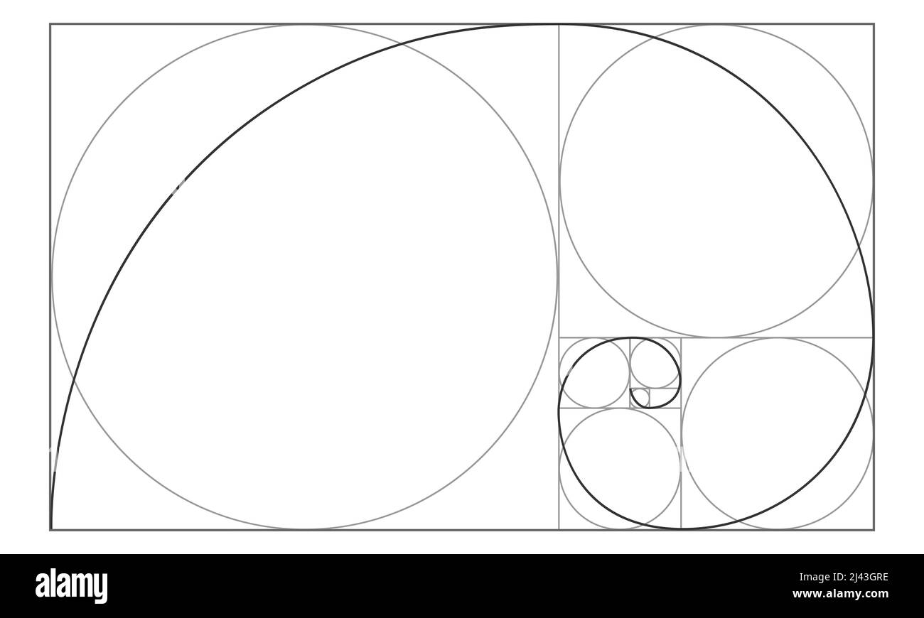 Segno Golden ratio. Spirale logaritmica in rettangolo con quadrati e cerchi. Sequenza Leonardo Fibonacci. Modello delle proporzioni di simmetria ideali. Simbolo matematico. Illustrazione del contorno vettoriale. Illustrazione Vettoriale